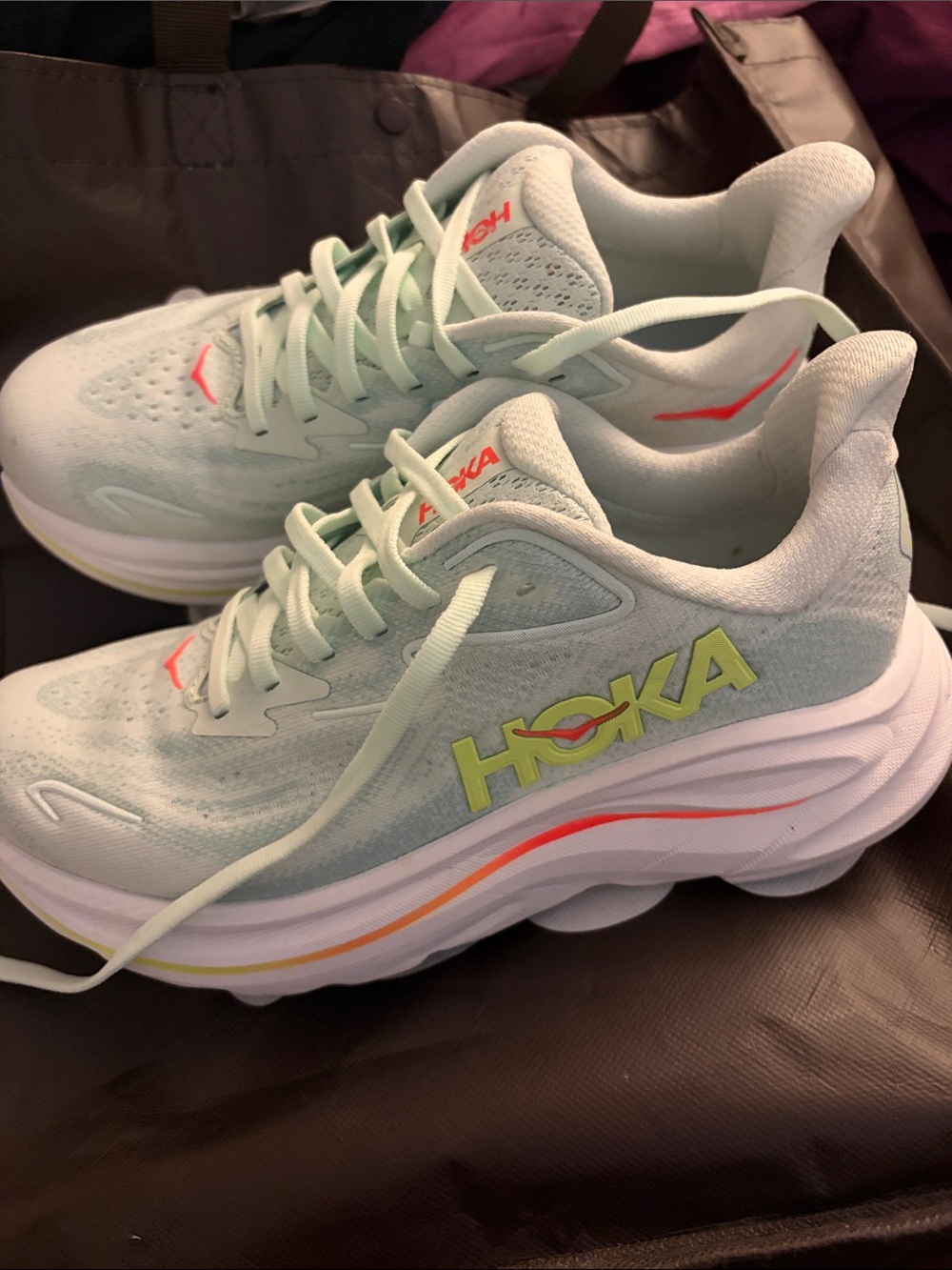 Hoka Women's Mint Green Athletic Running Shoes with Coral Accents